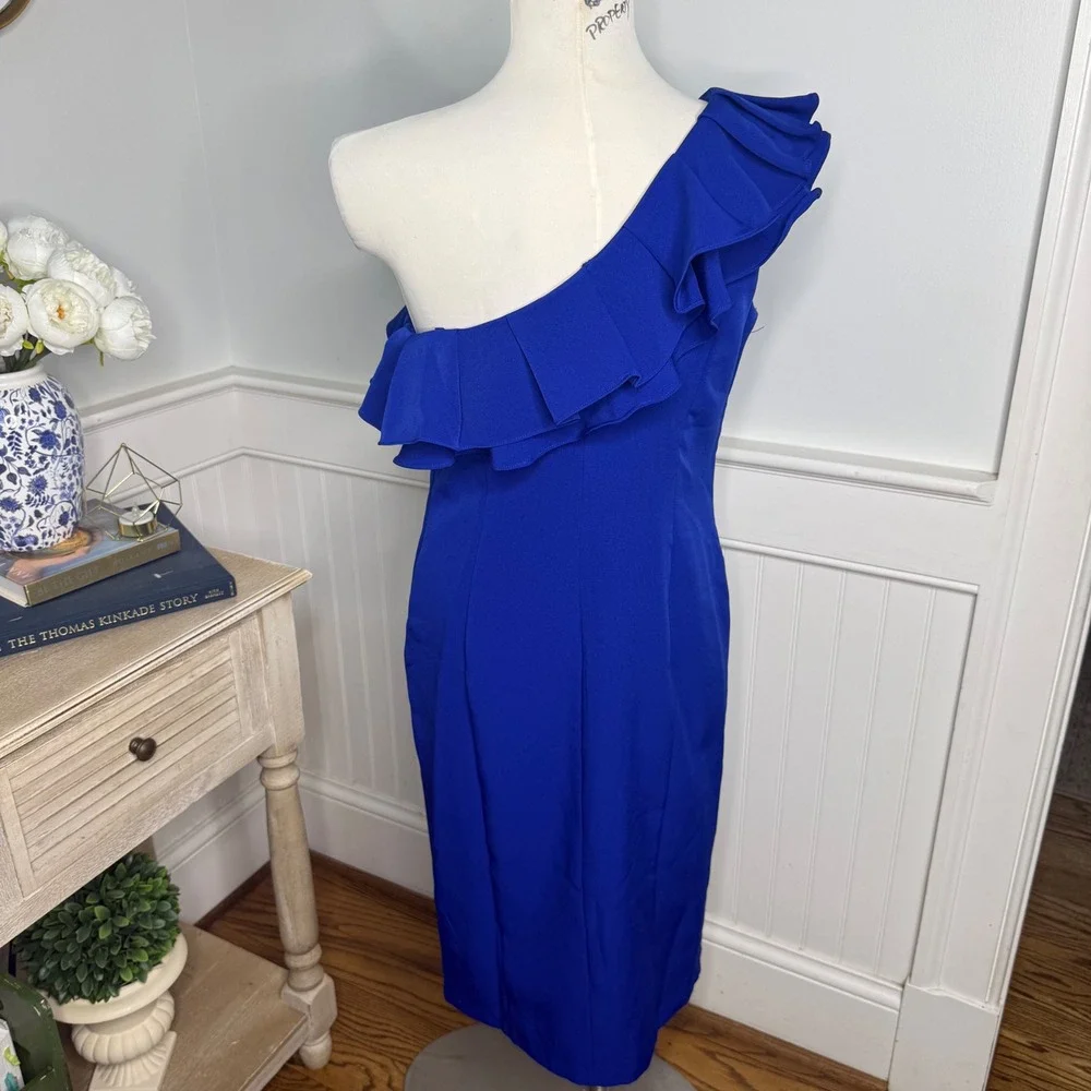 Marina One Shoulder Ruffle Sheath Dress Cobalt Blue Size 6 NWT - Picture 3 of 7